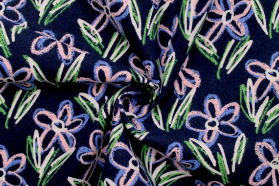 Tissu Flanelle Coton Imprimé Flower Design Marine -Au Mètre