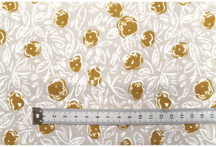 Tissu Flanelle Coton Imprimé Fleur Pom Beige -Au Mètre