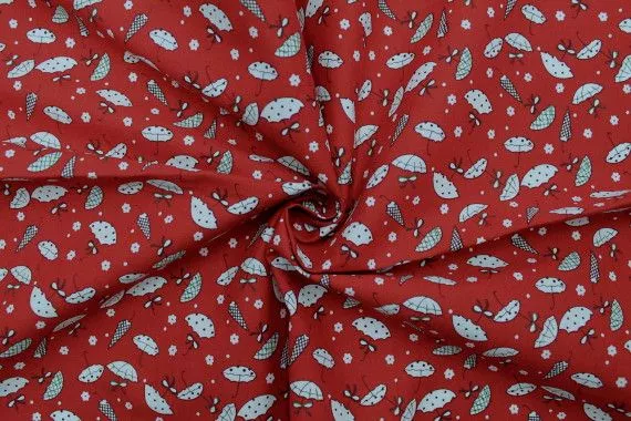 Tissu Popeline Coton Imprimé Parapluie Rouge -Au Mètre
