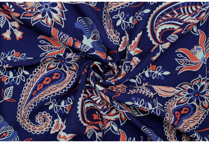 Tissu Viscose Imprimée Oriana Marine -Au Mètre