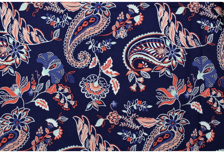 Tissu Viscose Imprimée Oriana Marine -Au Mètre