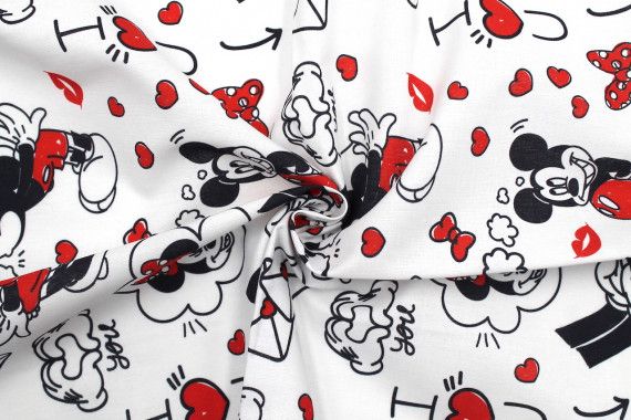 Tissu Coton Cretonne Mickey et Minnie Lettre d'Amour -Au Mètre
