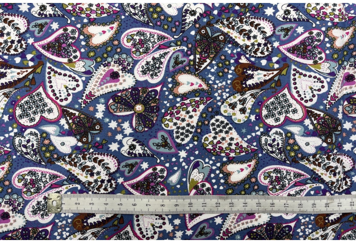 Tissu Popeline Coton Imprimé CoeurFleur Bleu -Au Mètre