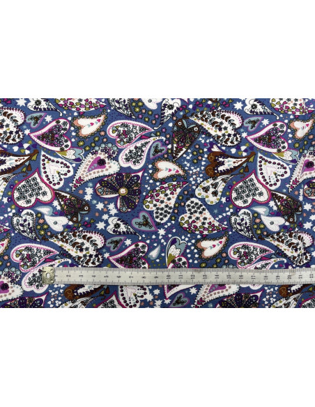 Tissu Popeline Coton Imprimé CoeurFleur Bleu -Au Mètre