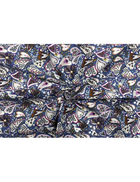 Tissu Popeline Coton Imprimé CoeurFleur Bleu -Au Mètre
