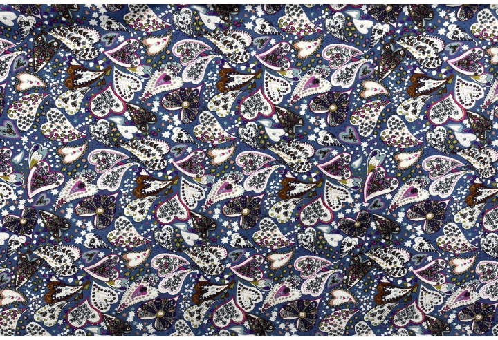 Tissu Popeline Coton Imprimé CoeurFleur Bleu -Au Mètre