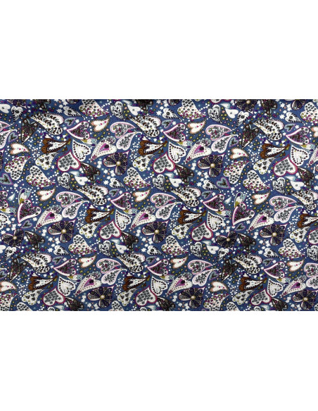 Tissu Popeline Coton Imprimé CoeurFleur Bleu -Au Mètre