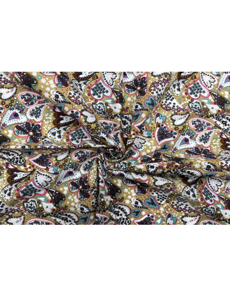 Tissu Popeline Coton Imprimé CoeurFleur Beige -Au Mètre
