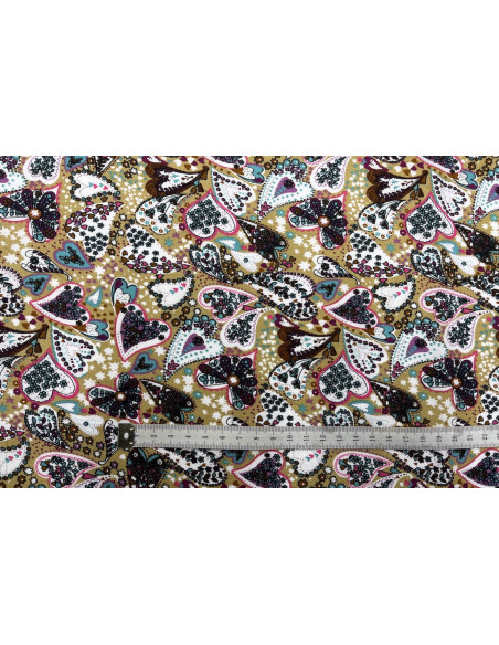 Tissu Popeline Coton Imprimé CoeurFleur Beige -Au Mètre