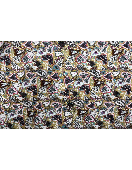 Tissu Popeline Coton Imprimé CoeurFleur Beige -Au Mètre