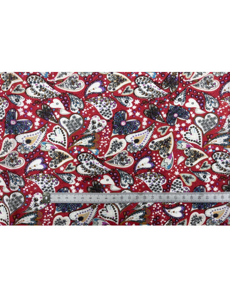 Tissu Popeline Coton Imprimé CoeurFleur Rouge -Au Mètre