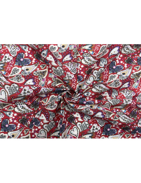 Tissu Popeline Coton Imprimé CoeurFleur Rouge -Au Mètre