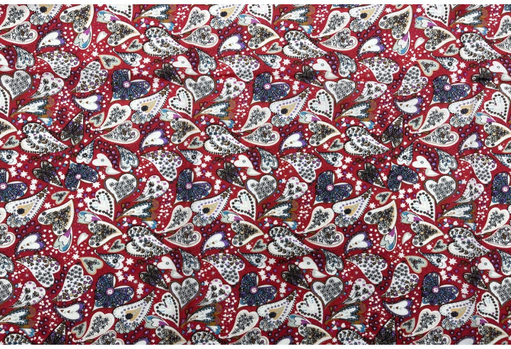 Tissu Popeline Coton Imprimé CoeurFleur Rouge -Au Mètre