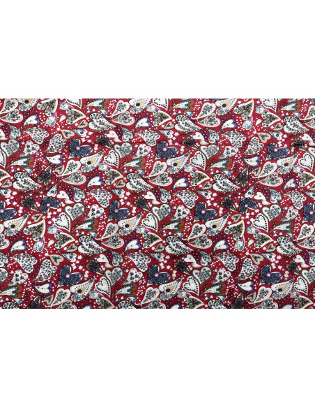 Tissu Popeline Coton Imprimé CoeurFleur Rouge -Au Mètre