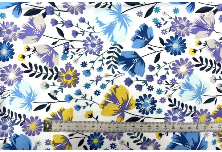 Tissu Popeline Coton Imprimé Wonderfleur Bleu -Au Mètre