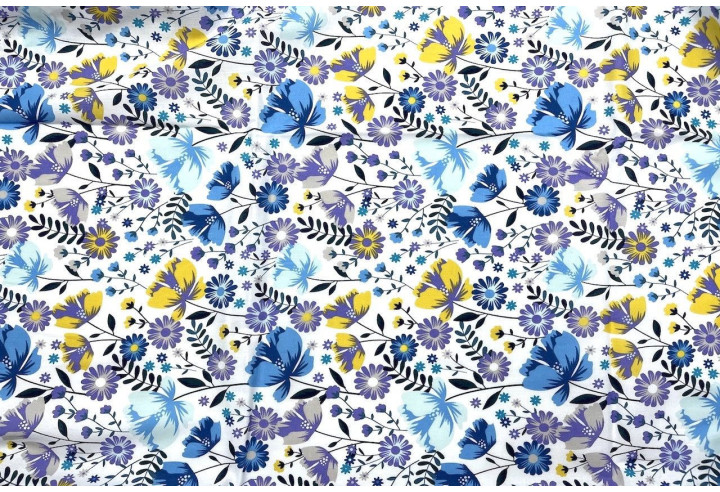 Tissu Popeline Coton Imprimé Wonderfleur Bleu -Au Mètre