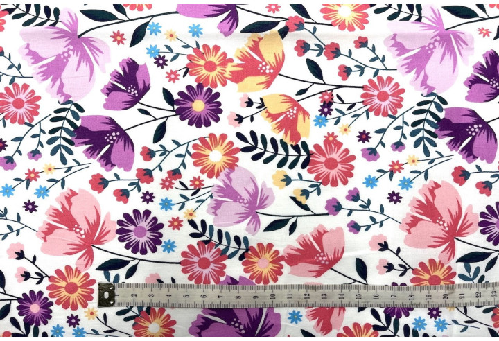 Tissu Popeline Coton Imprimé Wonderfleur Rose -Au Mètre