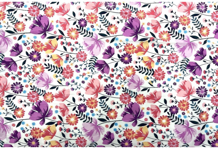 Tissu Popeline Coton Imprimé Wonderfleur Rose -Au Mètre