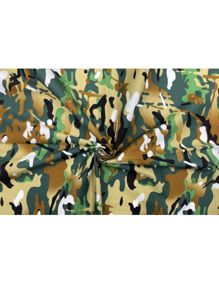 Tissu Popeline Coton Imprimé Camouflage Vert -Au Mètre