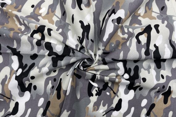 Tissu Popeline Coton Imprimé Camouflage Gris -Au Mètre