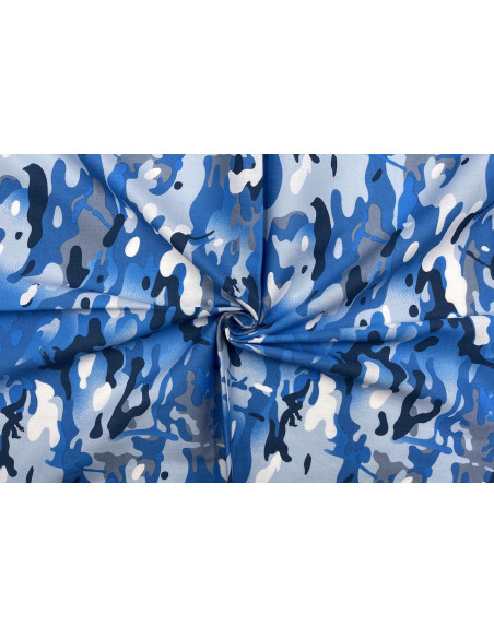 Tissu Popeline Coton Imprimé Camouflage Bleu -Au Mètre