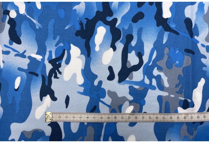 Tissu Popeline Coton Imprimé Camouflage Bleu -Au Mètre