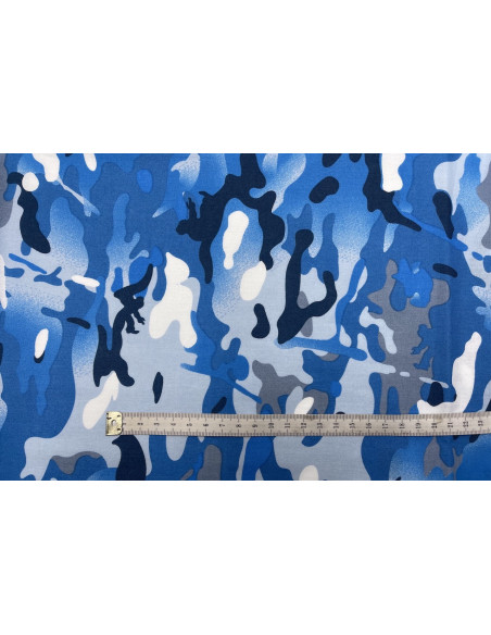 Tissu Popeline Coton Imprimé Camouflage Bleu -Au Mètre