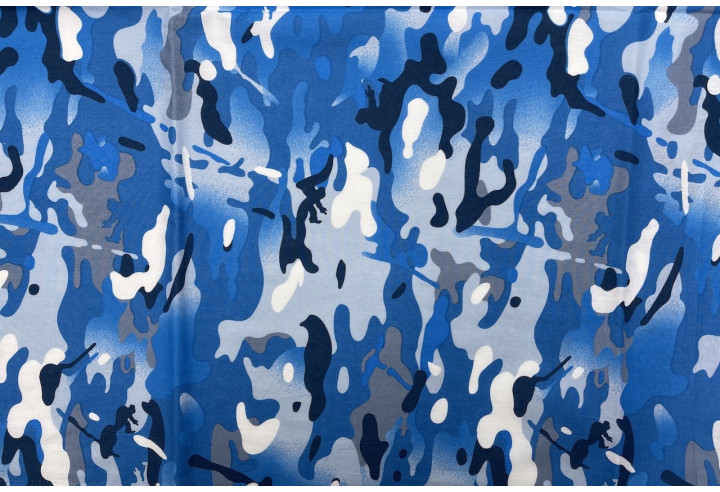 Tissu Popeline Coton Imprimé Camouflage Bleu -Au Mètre