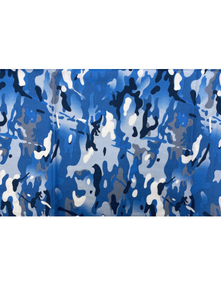 Tissu Popeline Coton Imprimé Camouflage Bleu -Au Mètre