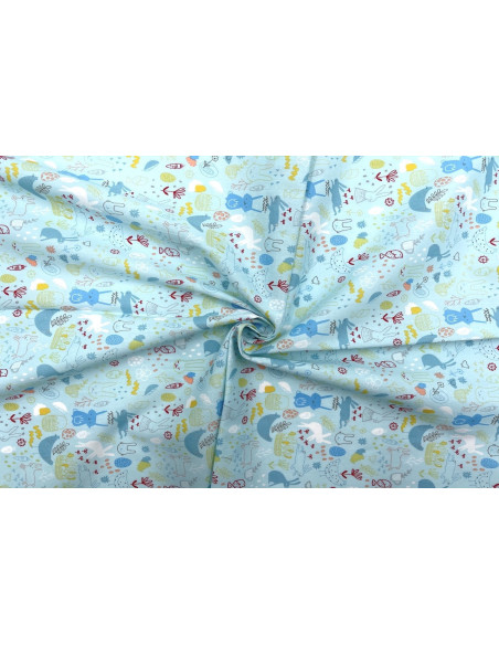 Tissu Popeline Coton Imprimé Lapinou Bleu -Au Mètre