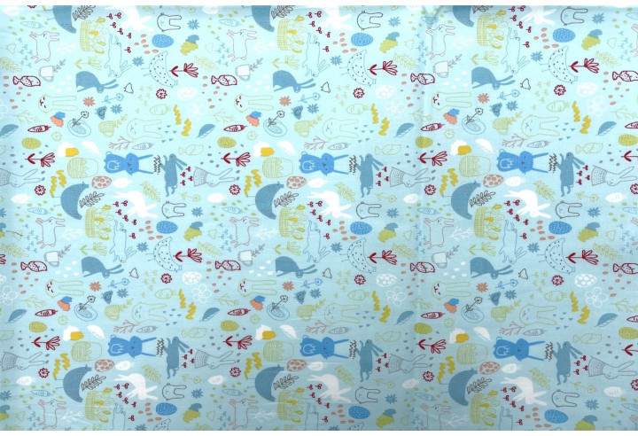 Tissu Popeline Coton Imprimé Lapinou Bleu -Au Mètre