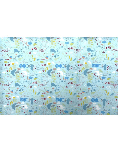 Tissu Popeline Coton Imprimé Lapinou Bleu -Au Mètre
