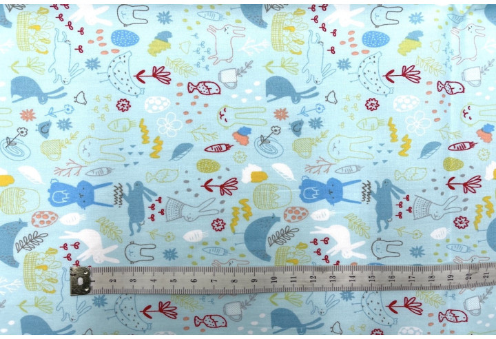 Tissu Popeline Coton Imprimé Lapinou Bleu -Au Mètre