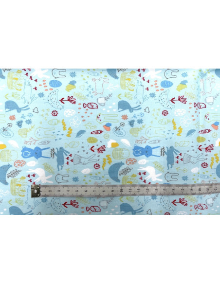 Tissu Popeline Coton Imprimé Lapinou Bleu -Au Mètre