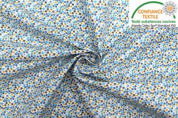 Tissu Cretonne Coton Imprimé Minifleur Turquoise -Au Mètre