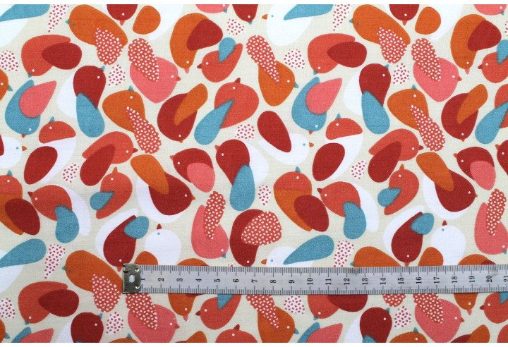 Tissu Cretonne Coton Imprimé Bird Corail -Au Mètre