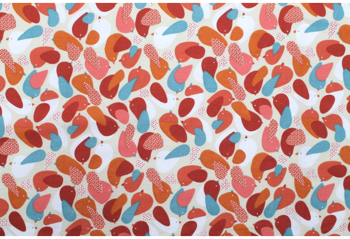 Tissu Cretonne Coton Imprimé Bird Corail -Au Mètre