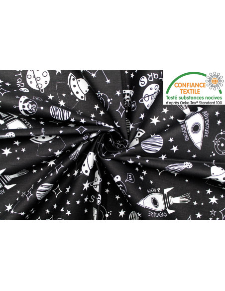 Tissu Cretonne Coton Imprimé Galaxie Noir -Au Mètre