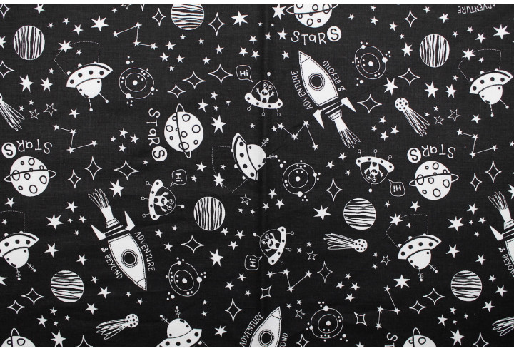 Tissu Cretonne Coton Imprimé Galaxie Noir -Au Mètre