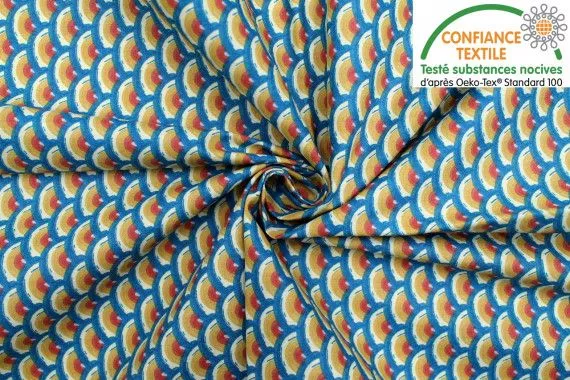Tissu Cretonne Coton Imprimé Japan Vintage Bleu -Au Mètre