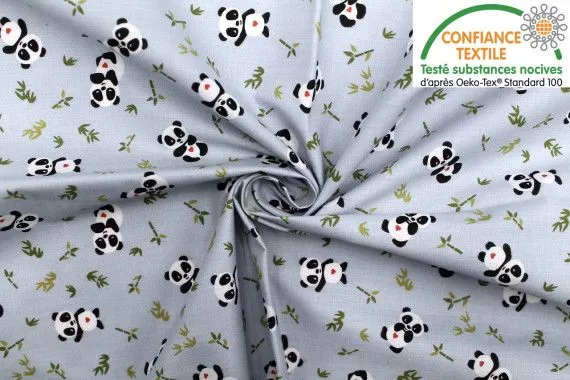Tissu Cretonne Coton Imprimé Panda Gris -Au Mètre