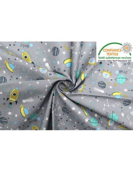 Tissu Cretonne Coton Imprimé Mini Galaxie Gris -Au Mètre