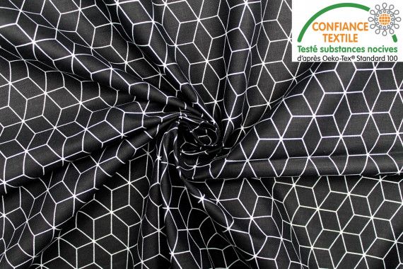 Tissu Cretonne Coton Imprimé Kubik Noir -Au Mètre