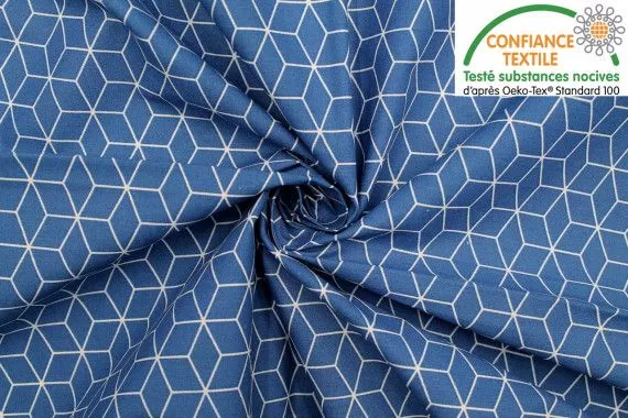 Tissu Cretonne Coton Imprimé Kubik Bleu foncé -Au Mètre