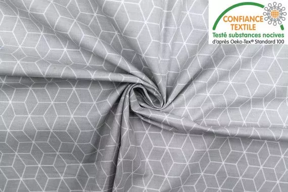 Tissu Cretonne Coton Imprimé Kubik Gris clair -Au Mètre