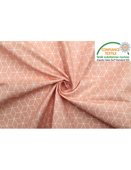 Tissu Cretonne Coton Imprimé Kubik Corail -Au Mètre