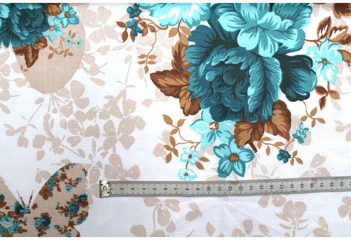 Tissu Toile Polycoton Grande Largeur Papillon de fleurs Turquoise -Au Mètre