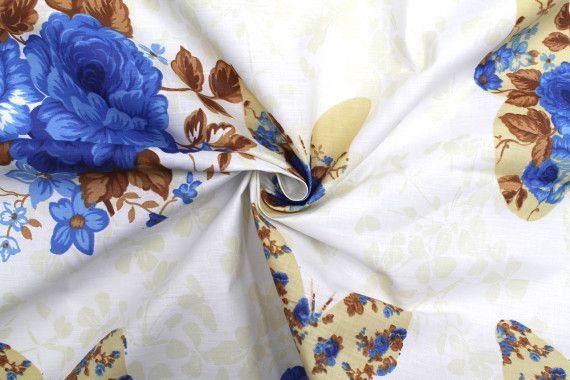 Tissu Toile Polycoton Grande Largeur Papillon de fleurs Bleu -Au Mètre