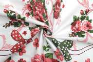 Tissu Toile Polycoton Grande Largeur Nœud et Fleurs Rose -Au Mètre