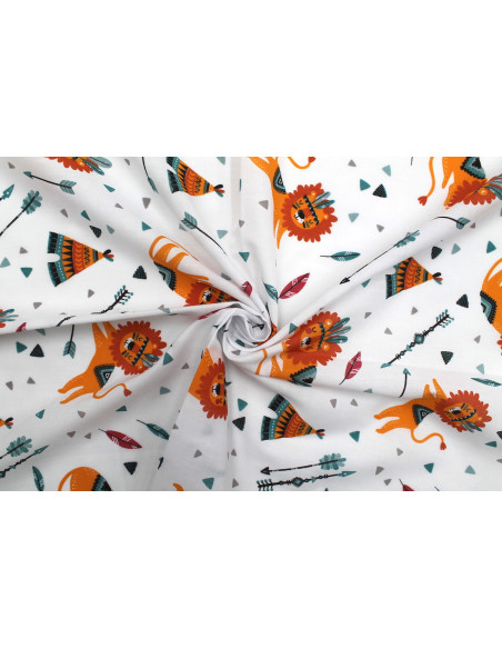 Tissu Popeline PolyCoton Imprimé Lion Indien Blanc -Au Mètre
